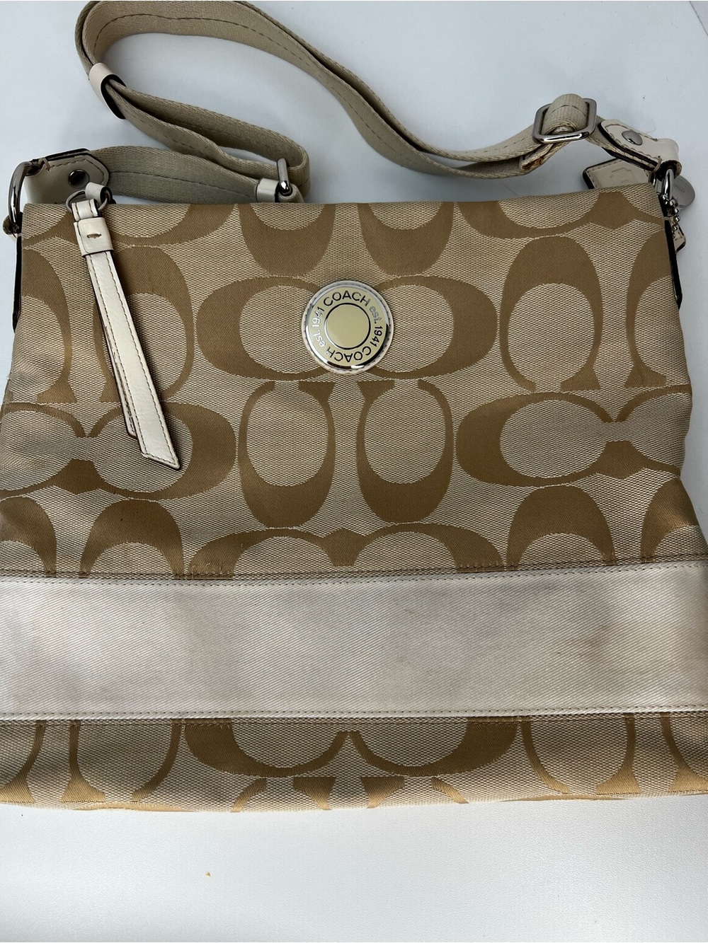 Coach Tan and Cream Signature Shoulder Bag